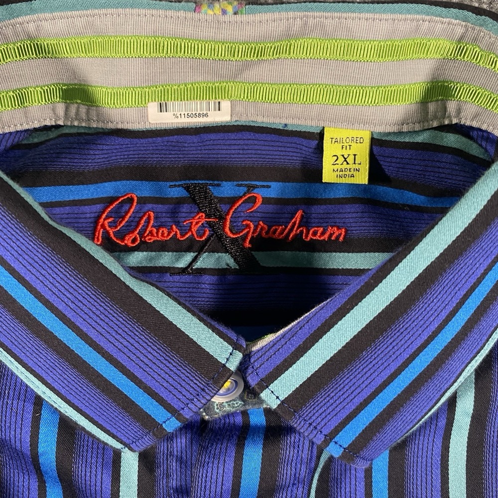 Robert Graham X Vertical Stripe Long Sleeve Fip Cuff Shirt Mens 2XL Tailored Fit - Picture 2 of 8